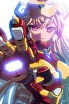  alternate_costume blonde_hair breasts cinia_pacifica crossover iron_man lens_flare looking_at_viewer lowres marvel masinhwangje mask medium_breasts open_mouth outstretched_hand pink_eyes power_armor smile solo sword_girls 