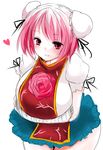  bandages blush breast_hold breasts bun_cover chinese_clothes cowboy_shot double_bun flower han_(jackpot) heart huge_breasts ibaraki_kasen miniskirt pink_eyes pink_hair rose short_hair sketch skirt smile solo tabard touhou 