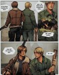  2boys blonde_hair blue_pants commentary english_commentary english_text green_jacket gun highres holding holding_gun holding_weapon itssanlee jacket james_sunderland leon_s._kennedy male_focus multiple_boys open_clothes open_jacket pants resident_evil resident_evil_4 resident_evil_4_(remake) silent_hill_(series) silent_hill_2 silent_hill_2_(remake) weapon 
