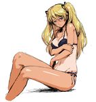 bikini blonde_hair blue_eyes breasts cleavage copyright_request cozy freckles holding_arm large_breasts lips long_hair navel side-tie_bikini sitting sketch solo swimsuit tan tanline twintails 