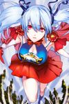  alternate_costume armpits blue_hair blue_legwear breasts cape gg_(sword_girls) hair_ribbon holding kneehighs large_breasts long_hair lowres luthica_preventer open_mouth pleated_skirt red_eyes ribbon running skirt solo superhero sword_girls twintails 