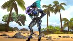  16:9 3_fingers 3d_(artwork) 4k absurd_res alien anthro arm_feathers arm_tuft avian avian_caruncle blue_body blue_eyes blue_feathers breasts carbine colored day digital_media_(artwork) digitigrade explosives feather_hair feathered_crest feathers female fingers full_armor glowing glowing_eyes grenade halo_(series) hand_on_hip head_crest hi_res kig-yar microsoft non-mammal_breasts palm_tree plant plasma_grenade plasma_pistol pompilus-sfm pseudo_hair sand scalie sky solo spacecraft standing t'vaoan tree tuft vehicle weapon widescreen xbox_game_studios 