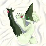  1:1 2025 acting_like_a_cat ambiguous_gender anthro claws eleonorm11 eyes_closed felid feline fur generation_9_pokemon green_body green_fur green_hair hair hi_res lying mammal meowscarada nintendo on_bedding on_side pawpads paws pokemon pokemon_(species) sleeping solo tail 