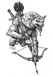  armor bow_(weapon) bow_and_arrow bracers canine dungeons_&amp;_dragons gnoll greyscale mammal melee_weapon monochrome monster plain_background pouch ranged_weapon ranger solo sword unknown_artist weapon white_background wizards_of_the_coast 