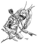  bow_(weapon) bow_and_arrow chitin cloak dagger dungeons_&amp;_dragons four_arms greyscale hood insectoid monochrome multi_limb multiple_arms plain_background ranged_weapon solo thorax thri-kreen unknown_artist weapon white_background wizards_of_the_coast 