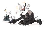 2026 aaasakawa ambiguous_gender anthro biped bite black_body black_eyes black_fur black_nose broken_vessel_(hollow_knight) canid canine cloak clothed clothing empty_eyes eyebrows eyes_closed felid feline female_(lore) fluffy fluffy_tail fur group half_sister_(lore) hi_res hollow_knight_(character) hollow_knight_(franchise) horn hornet_(hollow_knight) inner_ear_fluff mammal open_mouth open_smile pawpads paws question_mark sibling_(lore) simple_background sister_(lore) sitting sleeping smile sound_effects speech_bubble tail team_cherry the_knight_(hollow_knight) tuft vowelless vowelless_sound_effect white_background white_body white_fur zzz 
