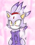  amber_eyes blaze_the_cat blush bottomless cat clothed clothing feline female half-dressed mammal ponytail purple purple_body sega solo sonic_(series) 