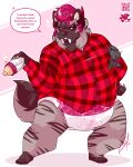 2020 4:5 4_fingers 4_toes anthro artist_logo baby_bottle blush blush_lines bottle breasts bri_(kalash) brown_body brown_ears brown_fur brown_inner_ear brown_nose brown_sclera brown_stripes brown_tail canid canid_demon canine character_plushie clean_diaper clothed clothing colored_nails container curly_hair demon dialogue diaper english_text eyebrows eyelashes fangs feet female fingerless_(marking) fingernails fingers full-length_portrait fur godzilla godzilla_(series) hair half-closed_eyes head_horn hellhound hi_res holding_bottle holding_container holding_object holding_plushie horn hyena leg_markings lilchu logo mammal markings mythological_canine mythological_creature mythology nails narrowed_eyes pattern_clothing pattern_shirt pattern_topwear pink_fingernails pink_hair pink_horn pink_nails plaid plaid_clothing plaid_shirt plaid_topwear plushie portrait qr_code raised_eyebrow red_clothing red_shirt red_topwear shirt signature simple_background socks_(marking) solo speech_bubble standing striped_body striped_fur stripes tail teeth text three-quarter_view toes toho topwear trans_(lore) trans_woman_(lore) wearing_diaper