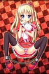  :x ass black_legwear blonde_hair blue_eyes bound_ankles chain checkered checkered_background crown_hair_ornament cuffs dress frilled_dress frills full_body hairband hand_to_own_mouth headdress highres long_hair looking_at_viewer ochinsama original panties pink_panties red_background red_dress red_footwear shackles sitting smile solo spread_legs stuffed_animal stuffed_bunny stuffed_toy thighhighs two_side_up underwear 