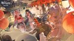  3girls absurdres aerial_fireworks arknights black_hair breasts chinese_commentary cleavage coat commentary_request cup disposable_cup dragon_girl dragon_horns dragon_tail dress drinking_straw drinking_straw_in_mouth dusk_(arknights) earrings fireworks grey_hair hair_over_one_eye highres holding holding_cup horns jewelry lantern looking_at_another looking_at_viewer lying ma_hou_shao_jiu multiple_girls navel necktie nian_(arknights) on_stomach open_clothes open_coat open_mouth outdoors parted_lips pointy_ears red_necktie shorts shu_(arknights) siblings sisters sleeveless sleeveless_dress smile sparkle tail tanghulu white_dress white_shorts 