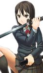  black_legwear blazer brown_eyes brown_hair copyright_request itou_(onsoku_tassha) jacket katana kneehighs leg_lift plaid plaid_skirt pleated_skirt school_uniform sheath simple_background skirt solo sword weapon white_background 