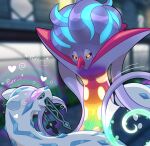  2025 ambiguous_gender andyocelot blush blush_lines chien-pao duo eye_contact feral generation_9_pokemon half-closed_eyes heart_symbol hi_res hypnosis hypnotic_eyes legendary_pokemon looking_at_another mega_evolution mega_malamar mind_control motion_lines multicolored_body narrowed_eyes nintendo pokemon pokemon_(species) purring rainbow_body ringed_eyes sword_fangs urban_background white_body 