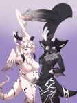 absurd_res anthro asymmetrical_horns bandage bandaged_leg bandaged_tail big_penis birch_(lih) black_body black_fur blue_eyes bodily_fluids breasts close-up comparing comparing_penis cum cum_in_penis cum_inside dragon duo feathered_wings feathers fur genital_fluids genitals gynomorph gynomorph/gynomorph heterochromia hi_res horn intersex intersex/intersex lih membrane_(anatomy) membranous_wings mythological_creature mythological_scalie mythology penetration penile penile_penetration penis penis_in_penis penis_size_difference ricky945 scalie size_difference small_penis standing tail tuft urethral urethral_penetration white_body white_fur white_tuft wings