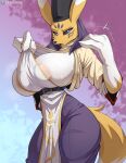  2026 anthro bandai_namco big_breasts biped breasts claws clothed clothed_anthro clothed_female clothing cooliehigh digimon digimon_(species) digital_drawing_(artwork) digital_media_(artwork) female fingers fur hi_res huge_breasts looking_at_viewer navel solo tail taomon teeth tongue 