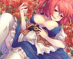  blush breasts cleavage coin flower large_breasts lying onozuka_komachi red_eyes red_hair short_hair solo spider_lily thighhighs touhou white_legwear yude 