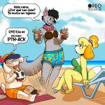 1:1 animal_crossing anthro aquatic beach bikini bovid bra butt canid canine canis caprine clothed clothing detailed_background dialogue digital_media_(artwork) domestic_dog elagrena eyelashes female female/female food fox fur goat grey_fox group gt_bx hair hi_res holding_object horn isabelle_(animal_crossing) long_eyelashes male male/female male/male mammal motion_lines nintendo one-piece_swimsuit open_mouth oreo_tlacuache outside pink_horn sand sandwich_(food) seaside shiba_inu shih_tzu sky smile spanish_text speech_bubble spitz surprised swimming swimwear tail tear_trough text throwing topwear toy_dog trio two-piece_swimsuit underwear urocyon water white_body yellow_body yellow_cap yellow_fur