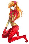  absurdres blue_eyes bodysuit evangelion:_2.0_you_can_(not)_advance finger_in_mouth hair_ornament highres kneeling long_hair multicolored multicolored_bodysuit multicolored_clothes neon_genesis_evangelion orange_bodysuit orange_hair plugsuit rebuild_of_evangelion red_bodysuit shikinami_asuka_langley simple_background solo souryuu_asuka_langley test_plugsuit 