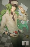  baseball_cap fundoshi_(tofupoid) green_eyes green_hair hat keychain long_hair male_focus n_(pokemon) poke_ball pokemon pokemon_(game) pokemon_bw ponytail solo wristband 