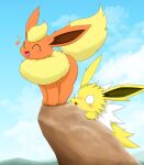 2026 ambiguous_gender blush blush_lines bodily_fluids cloud duo eeveelution embarrassed eyes_closed feral flareon fluffy fluffy_tail fur generation_1_pokemon hi_res jolteon kenikenikeke looking_at_another looking_at_another's_butt musical_note musical_symbol nintendo open_mouth orange_body orange_fur paws pokemon pokemon_(species) raised_tail signature sky sweat symbol tail tongue yellow_body yellow_fur