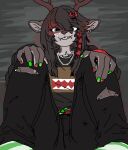 accessory alternative_fashion anthro antlers belt black_bottomwear black_clothing black_pants blush bottomwear bow_ribbon brown_hair chain chain_necklace clothing colored_fingernails colored_nails deer deltarune dess_holiday domo-kun ear_piercing facial_piercing female fingernails green_nails grey_eyes grin hair hair_accessory hair_bow hair_ribbon hairclip hands_on_knees hands_on_legs hands_on_own_knees hands_on_own_legs horn jewelry lip_piercing looking_at_viewer mammal moppynoko multicolored_hair multiple_piercings nails necklace new_world_deer pants piercing red_antlers red_hair red_nails reindeer reindeer_antlers ribbons scene_(fashion) scene_haircut sharp_teeth shirt sitting smile solo studded_belt studs teeth topwear torn_bottomwear torn_clothing torn_pants undertale_(series)