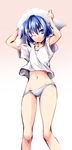  arms_up blue_eyes blue_hair gradient gradient_background matsuno_canel navel one_eye_closed open_mouth original panties shirt short_hair simple_background solo striped striped_panties towel towel_on_head underwear white_shirt 