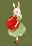  :t animal_ears apple bunny_ears dress food fruit hanaichi_(hana13) mary_janes minigirl original red_eyes shoes solo white_hair 