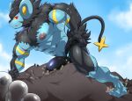 anthro black_body black_fur blue_body bulge clothing crush destruction detailed_bulge exercise facility felid fur generation_4_pokemon genital_outline hi_res luxray macro maldu male mammal mountain muscular muscular_male nintendo penis_outline pokemon pokemon_(species) push-up sexercise solo speedo swimwear tail volcano yellow_eyes