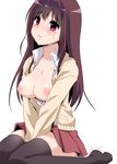  achiga_school_uniform black_legwear breasts brown_hair cardigan cleavage kneeling long_hair matsumi_kuro medium_breasts nipples no_bra open_cardigan open_clothes open_shirt pink_eyes saki saki_achiga-hen shirt solo tears thighhighs very_long_hair yukian zettai_ryouiki 