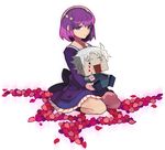  1girl blood bloody_tears command_spell fate/zero fate_(series) graphig kneeling matou_kariya matou_sakura petals purple_eyes purple_hair santou_suihei short_hair uncle_and_niece white_hair 