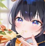  ai-generated black_hair closed_mouth eating eyebrows_hidden_by_hair food gradient_eyes hair_between_eyes holding holding_food holding_pizza inaro_(vtuber) indie_virtual_youtuber long_hair multicolored_eyes non-web_source pizza pizza_slice 