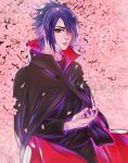  1boy amputee artist_name black_cape black_hair black_shirt cape cherry_blossoms english_commentary falling_petals flower hair_over_one_eye highres ilabarattolo lips long_sleeves looking_at_viewer male_focus naruto_(series) naruto_shippuuden petals pink_flower pink_lips pink_petals red_cape red_eyes sharingan shirt solo spiked_hair two-sided_cape two-sided_fabric uchiha_sasuke upper_body 