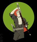  1boy circle cowboy_shot haramaki holding holding_sword holding_weapon japanese_clothes kimono looking_at_viewer male_focus one_piece roronoa_zoro sash scar scar_across_eye scar_on_face sheath shiraumi8351 short_hair solo stitched_torso stitches sword unsheathing weapon 