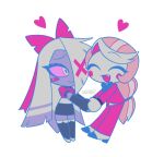  2girls :d ^_^ absurdly_long_hair belt black_bow black_bowtie black_gloves black_skirt black_thighhighs blonde_hair blush_stickers bow bowtie charlie_morningstar chibi chibi_inset circle_facial_mark closed_eyes closed_mouth colored_inner_hair colored_sclera colored_skin colored_tips commentary_request elbow_gloves face-to-face facial_mark facing_another fang fingerless_gloves full_body gloves grey_hair grey_skin hair_bow hair_over_one_eye hazbin_hotel heart hellaverse holding_hands jacket legs_together long_hair long_sleeves looking_at_another low-tied_long_hair menma_(enaic31) miniskirt multicolored_hair multiple_girls no_nose one_eye_covered open_mouth pants pencil_skirt pink_bow pink_hair pink_jacket pink_pants pink_sclera raised_eyebrow raised_inner_eyebrows saturated shirt shoes sideways_glance signature simple_background single_blush_sticker single_eyebrow skirt smile standing streaked_hair thighhighs tongue traditional_bowtie two-tone_hair vaggie very_long_hair white_background white_belt white_hair white_shirt white_shoes white_skin white_streaks x_(symbol) yellow_eyes zettai_ryouiki 