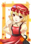  aki_minoriko arm_behind_back blonde_hair border dress food food_themed_clothes fruit grapes hand_on_own_shoulder hat leaf long_sleeves looking_at_viewer maple_leaf open_mouth puffy_sleeves red_dress red_eyes royaleden short_hair simple_background solo touhou white_background 