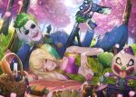  1boy 1girl 3others aengdohwa batman_(series) bottle cherry_blossoms clown day dc_comics eyeliner food fruit gloves gradient_hair grapes grass green_hair gun harley_quinn holding holding_gun holding_weapon jack-in-the-box joker_(dc) knives_out lying makeup midriff multicolored_hair multiple_others navel on_side onigiri outdoors overalls petals picnic picnic_basket plate shirt sleeping smile suit tree weapon white_gloves wine_bottle yellow_shirt 
