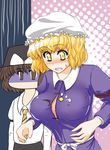  blonde_hair breast_envy breasts brown_eyes brown_hair bursting_breasts button_gap buttons dress_shirt gloom_(expression) hat large_breasts maribel_hearn masami_t multiple_girls necktie polka_dot polka_dot_background popped_button shirt short_hair touhou turn_pale usami_renko yellow_eyes 