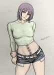  1girl absurdres arms_behind_back belt blue_shorts breasts chainsaw_man cutoffs death_devil_(chainsaw_man) denim denim_shorts earrings efairu_666 exposed_pocket fami_(chainsaw_man) green_shirt highres jewelry looking_at_viewer medium_breasts midriff pink_eyes purple_hair ringed_eyes shirt short_shorts shorts solo stitched_torso stitches white_belt 