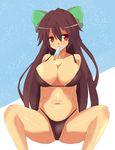  bad_id bad_pixiv_id bikini bow breasts brown_hair cleavage food hair_bow large_breasts long_hair navel owafu popsicle red_eyes reiuji_utsuho shiny shiny_skin solo spread_legs sweat swimsuit touhou 