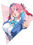  1girl black_ribbon blue_bow blue_bowtie blue_hair blue_jacket blush bow bowtie breasts cleavage collared_shirt colored_inner_hair commentary_request demon_girl diagonal-striped_bow diagonal-striped_bowtie diagonal-striped_clothes fang grey_skirt hair_horns hair_intakes hair_ribbon hand_on_own_cheek hand_on_own_face highres horns index_finger_raised jacket kanan-sama_wa_akumade_choroi kanan_(kanan-sama) large_breasts long_sleeves medium_hair multicolored_hair nonco open_mouth pink_background pink_eyes pink_hair pink_horns pointy_ears ribbon shirt simple_background skirt slit_pupils smile solo streaked_hair striped_bow striped_bowtie striped_clothes striped_ribbon sweatdrop translation_request two-tone_hair white_background white_shirt 