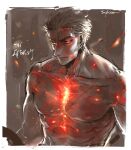  1boy closed_mouth earrings embers fire jewelry male_focus one_piece roronoa_zoro short_hair sideburns signature solo soy_chicken_op stitched_torso stitches topless_male upper_body 