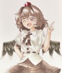  1girl absurdres black_feathers black_hair black_skirt commentary english_commentary feathers hand_on_own_hip hat highres index_finger_raised looking_at_viewer marker_(medium) medium_hair one_eye_closed open_mouth puffy_short_sleeves puffy_sleeves red_eyes red_hat shameimaru_aya shira_wind shirt short_sleeves simple_background skirt solo tokin_hat touhou traditional_media white_background white_shirt 