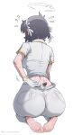  1girl ? ?? angel artist_name azazel_(helltaker) barefoot black_hair breasts commentary dimples_of_venus feet flying_sweatdrops from_behind full_body gloves hair_ribbon halo helltaker highres lw_goombang medium_breasts pants ribbon shirt short_hair sitting small_tail soles solo sweat sweaty_feet tail twitter_username untranslatable_commentary very_sweaty wariza white_gloves white_halo white_pants white_ribbon white_shirt 