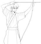  archery arrow bow_(weapon) drawing_bow fate/zero fate_(series) gilgamesh gloves greyscale highres holding holding_arrow holding_bow_(weapon) holding_weapon japanese_clothes kyuudou lineart male_focus monochrome partly_fingerless_gloves seojung single_glove solo weapon yugake 