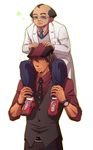  black_hair bracelet cabbie_hat carrying dark_skin dark_skinned_male ebitetsu facial_hair glasses hat jewelry labcoat lunarclinic male_focus multiple_boys necktie red_eyes saitou_(tiger_&amp;_bunny) shoes shoulder_carry sneakers stubble tiger_&amp;_bunny vest waistcoat watch wristwatch 