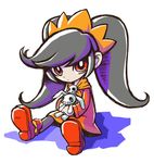  ashley_(warioware) bangs black_hair dress expressionless full_body hairband holding karappa long_hair neckerchief orange_hairband pantyhose red_eyes shadow shoes sitting skull solo stuffed_animal stuffed_bunny stuffed_toy swept_bangs twintails warioware 