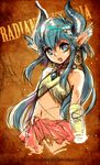  2010 aht animal_ears aqua_hair artist_name blue_eyes copyright_name dated earrings horns jewelry long_hair midriff monster_girl navel open_mouth radiant_historia sanjou_sorata satyr solo watermark web_address 