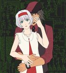  1girl bare_shoulders blue_eyes bob_cut bracelet brown_hair cabbie_hat cis_(tiger_&amp;_bunny) dark_skin dress ebitetsu expressionless facial_hair flat_color hairband hat hug hug_from_behind jewelry lunarclinic necktie red_eyes short_hair stubble tiger_&amp;_bunny vest waistcoat watch white_hair wristwatch 