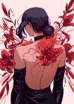  1girl absurdres back backless_dress backless_outfit black_dress black_gloves black_hair chainsaw_man dhashinn dress elbow_gloves explosive flower gloves grenade hair_bun highres median_furrow red_flower reze_(chainsaw_man) sidelocks solo 