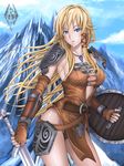  armor blonde_hair blue_eyes breasts center_opening cleavage fingerless_gloves gloves large_breasts long_hair parted_lips shield shiny shiny_skin sturmjager sword the_elder_scrolls the_elder_scrolls_v:_skyrim weapon 