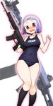  assault_rifle blush bob_cut breasts fn_fnc fnc_(upotte!!) gun holding holding_gun holding_weapon katou_haruaki medium_breasts one-piece_swimsuit open_mouth purple_eyes red_eyes rifle school_swimsuit short_hair silver_hair solo swimsuit tears trigger_discipline upotte!! wavy_mouth weapon 